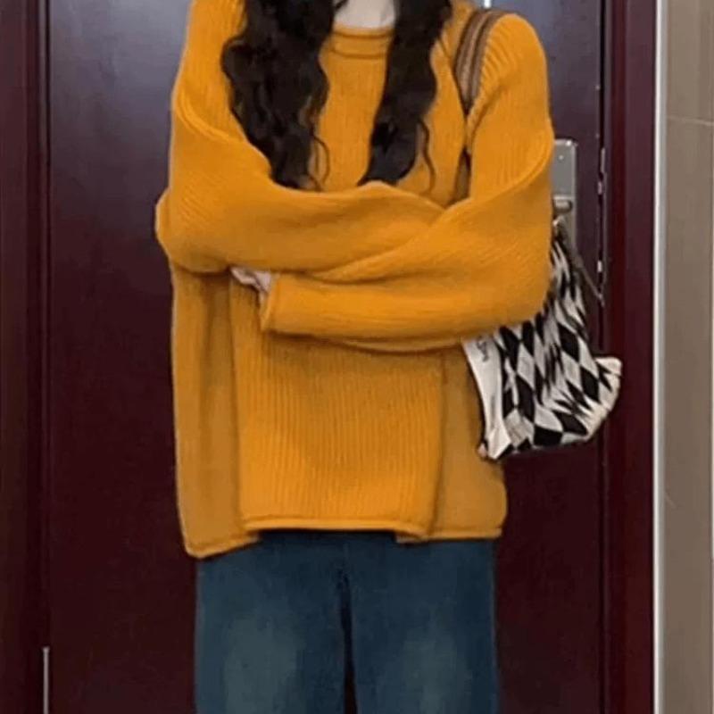 Lazy wind large size knitted sweater women's orange white top early spring autumn and winter age-reducing fashion bottoming shirt