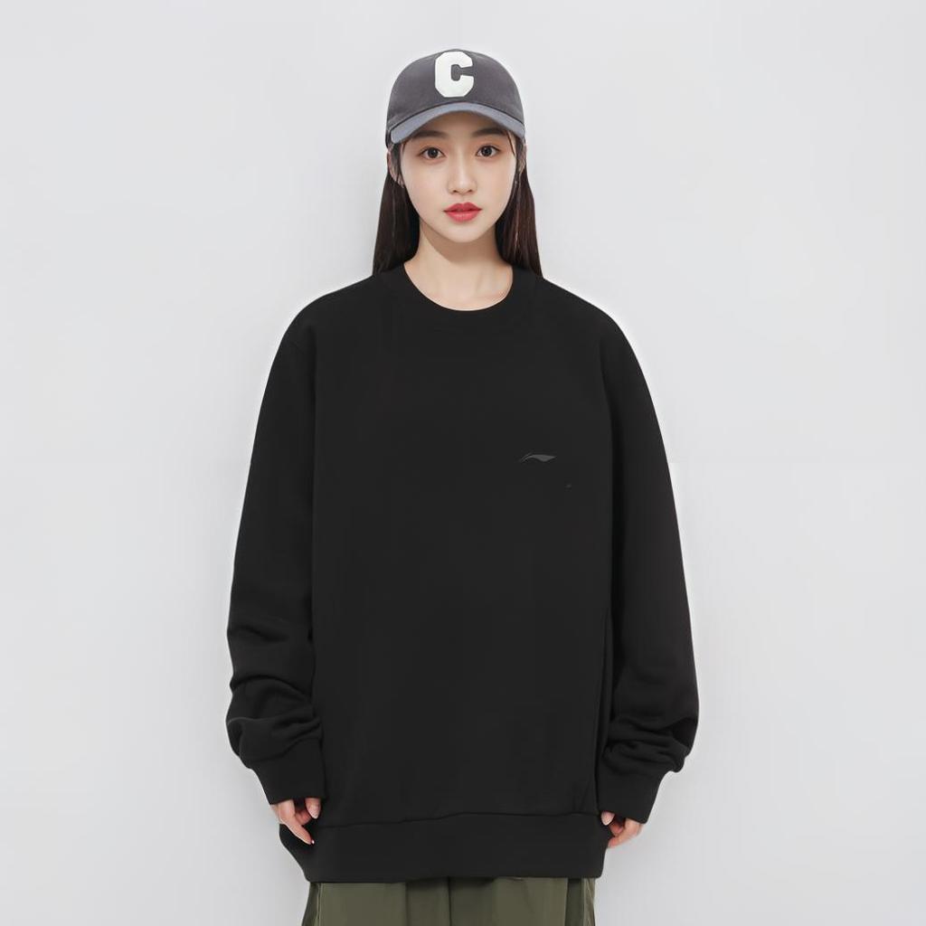 Li Ning Fitness Series Solid Color Crew Neck Comfortable And Breathable Fleece Lined Casual Sweatshirt Women's Black AWDU638-5