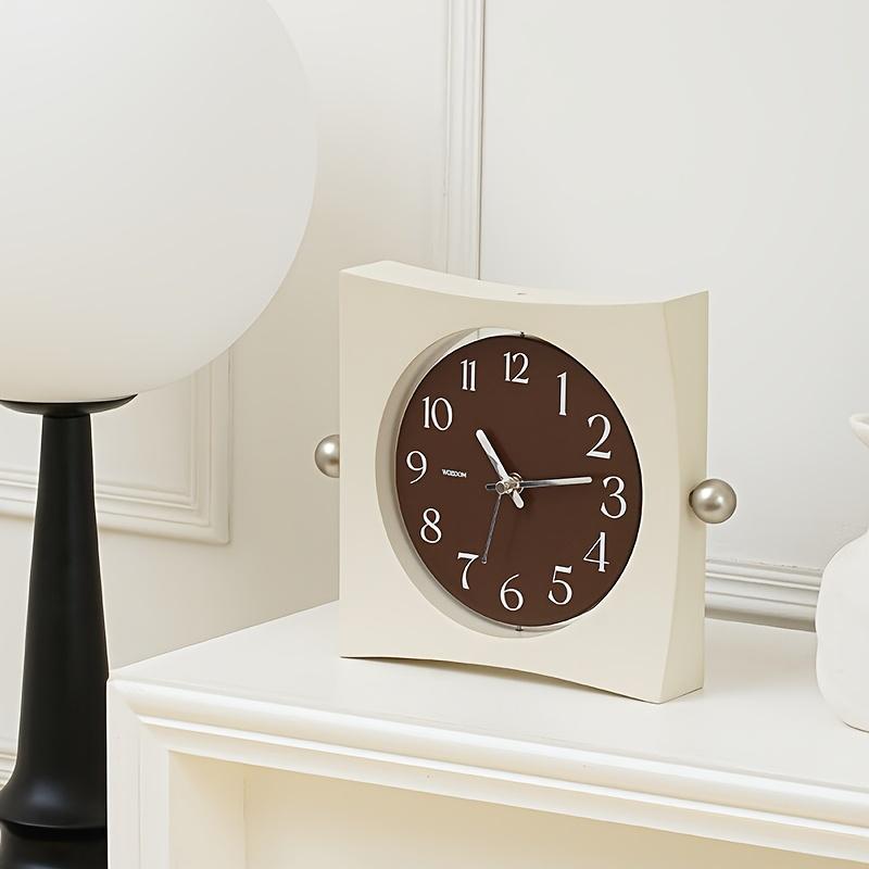 Unique Square Wall Clock with Curved Appearance, Metal Ball Decorations, Rotatable Dial, Beige Face with Black Numbers, Silent Operation, Wooden Frame