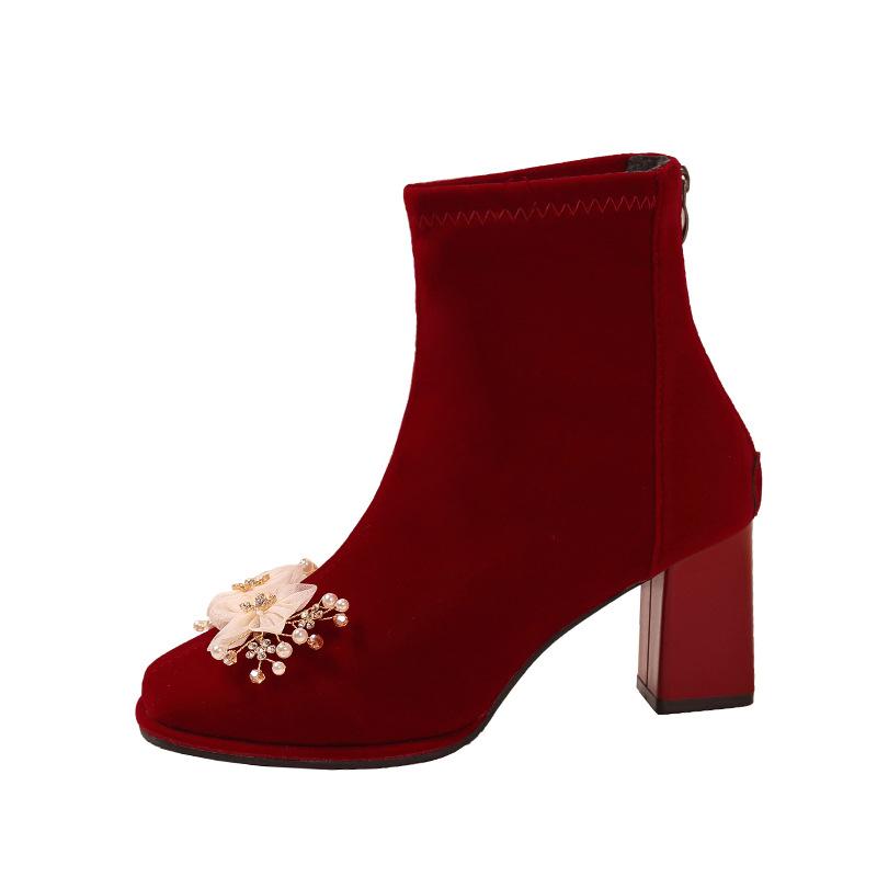 Blume dicker Absatz eckige Spitze wasserdicht Tischsamt bordeauxrot Hochzeitsstiefel Herbst- und Winteratmosphäre 2025 neue Mode Damenstiefel