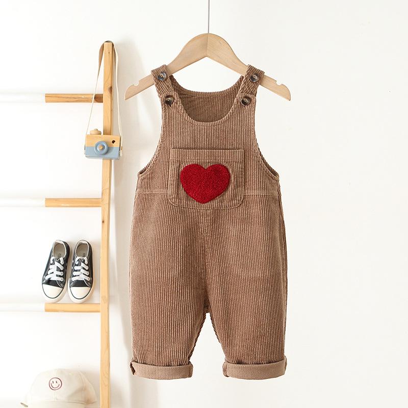Korean-Style Kids Corduroy Overalls with Heart Embroidery - Unisex Jumpsuit 2026