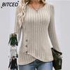 BITCED Women's Fashion Casual Solid Color Print Long Sleeve O Neck Blouses & Shirts