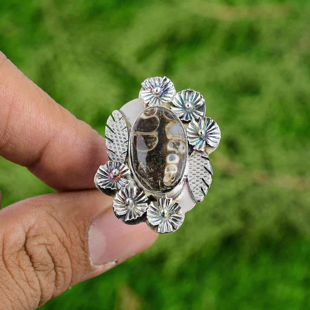Natural Turritella Agate Solitaire Flower Brown Adjustable Ring 925 Silver