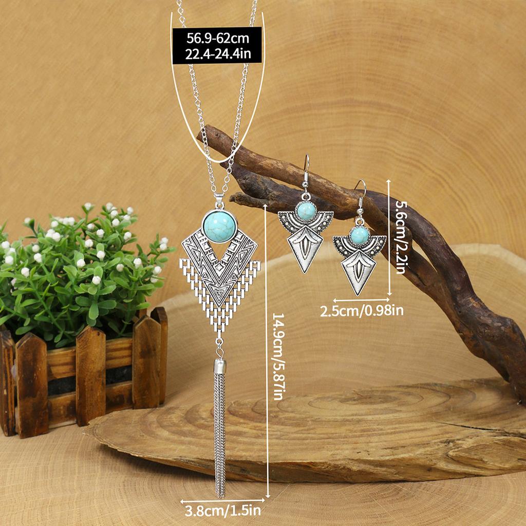 Ethnic Blue Stone Retro Chain Tassel Long Necklace Earring Turkish Gypsy Copper Color Geometric Carved Necklace for Women Party