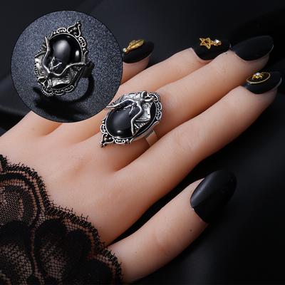 Damen Herren Neuer Verstellbarer Gothic Hexenring Fledermaus Cameo Ring Halloween Schwarzer Fledermausring