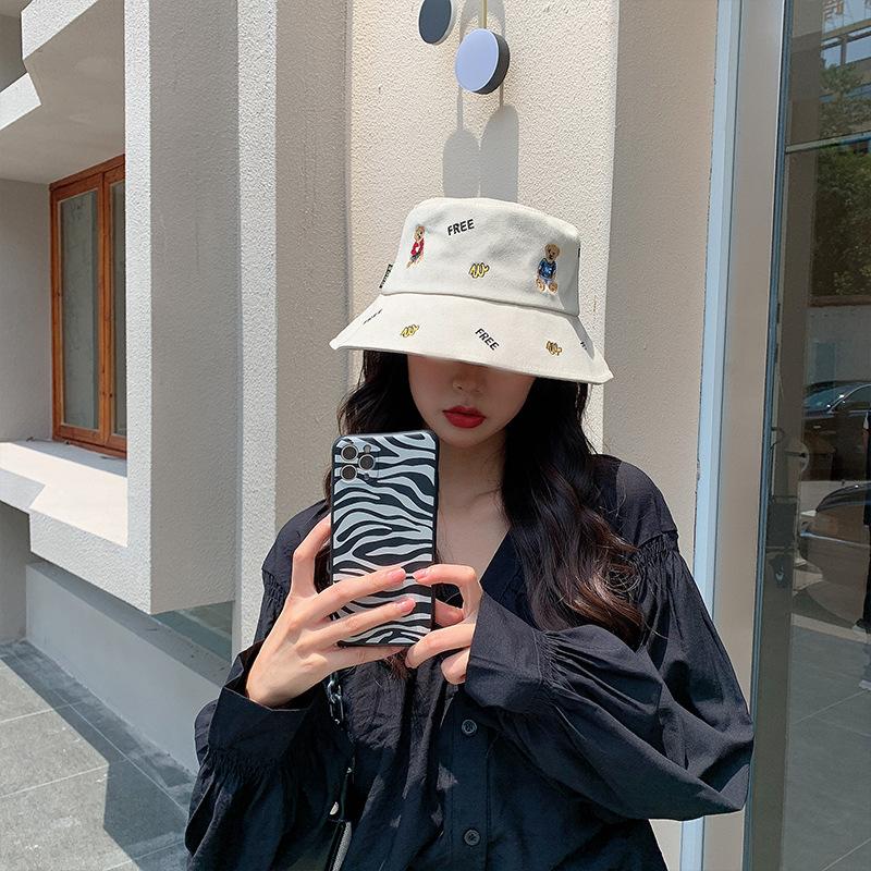 Hat female embroidery cartoon bear bucket hat versatile sunscreen sun hat student face cover spring and autumn basin hat tide