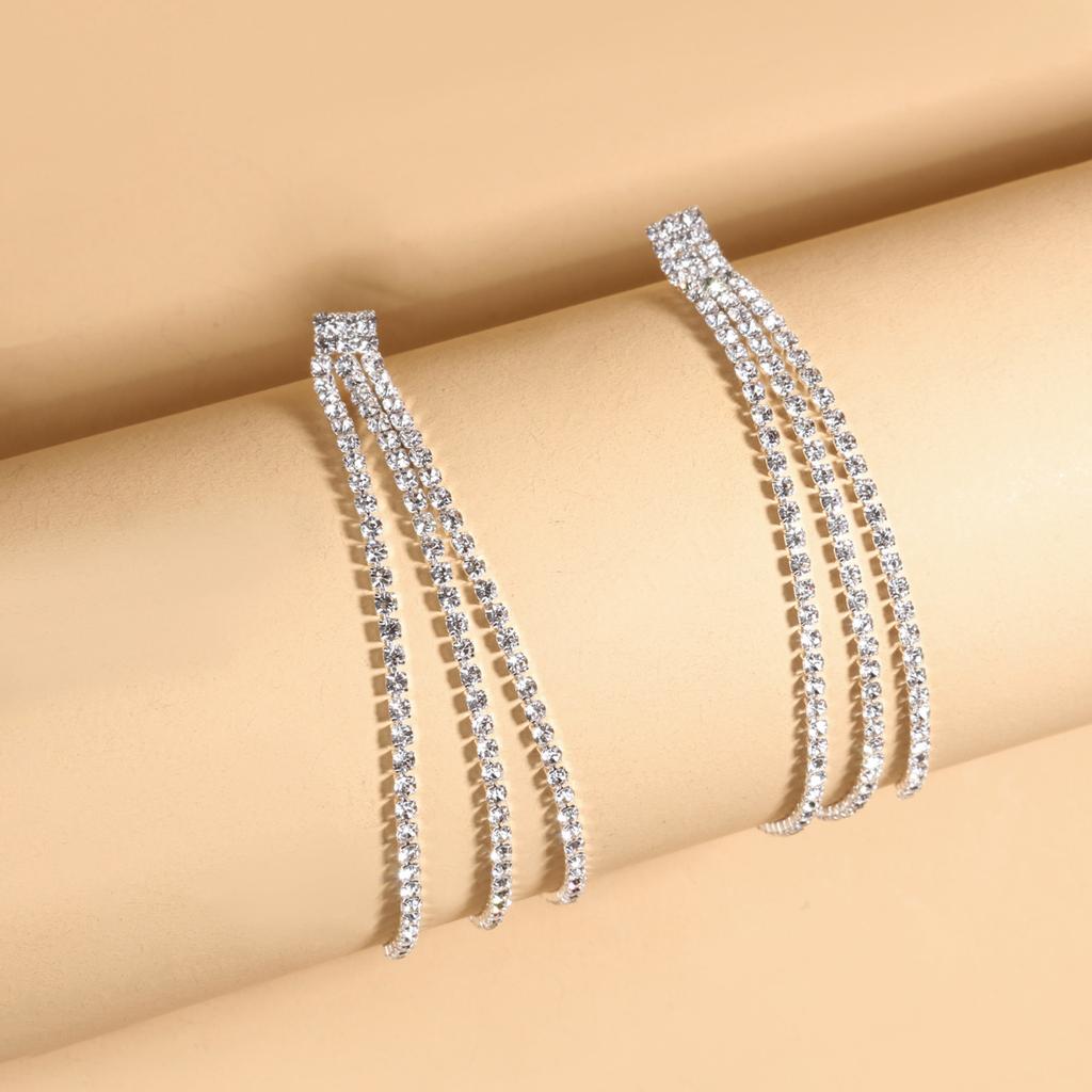 New Temperament Three-layer Full Diamond Fringed Earrings for Women, Diamond-set Fashion Trend Long Line Earrings