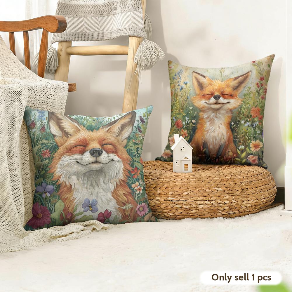 Fox printed Cushion Cover Natural Linen Organic Fabric DoubleSided Printing Couch Pillow Covers Home Decor