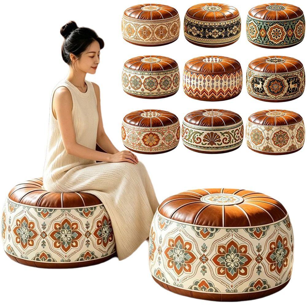 Besticktes Muster Füllbarer Ottoman Pouf PU-Leder Runder Pouf Bezug Wohnzimmer