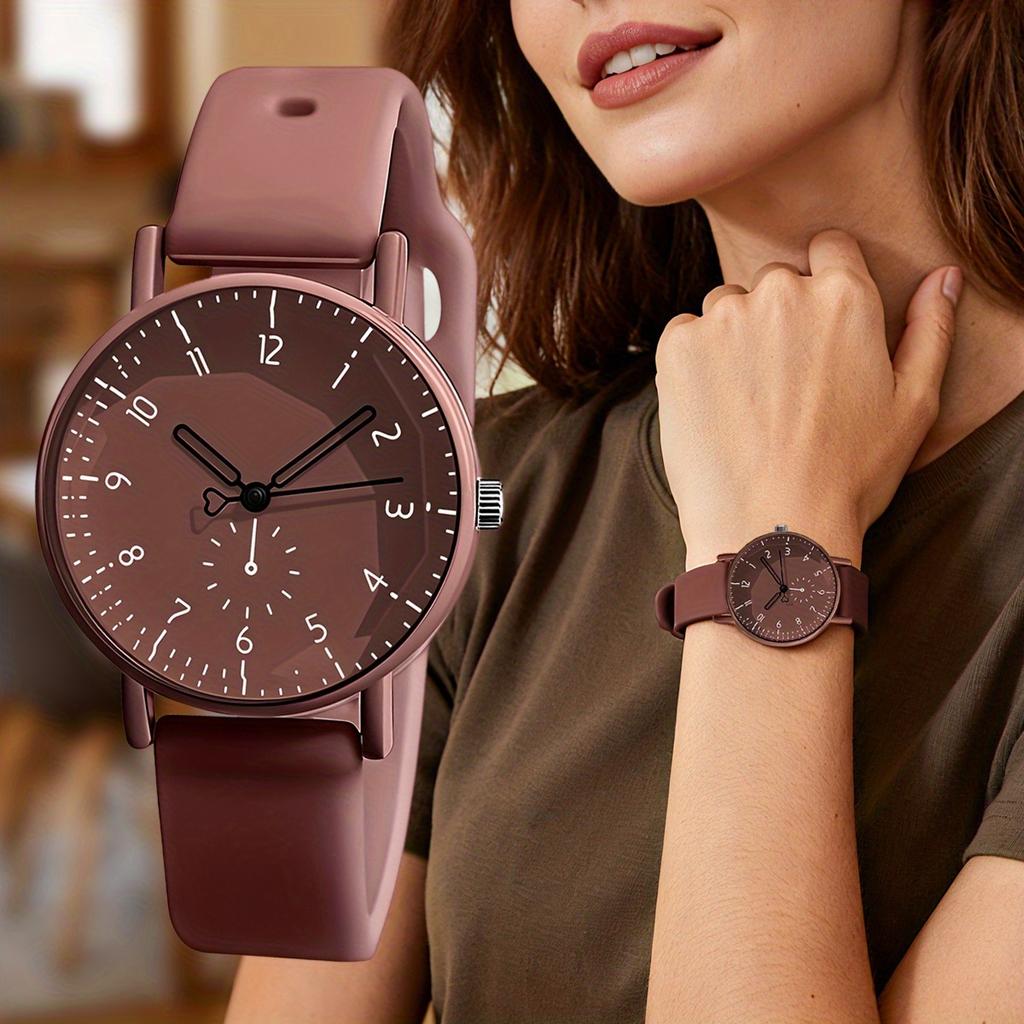 Relógio de Quartzo Feminino Elegante Minimalista com Pulseira de Silicone Rosa, Mostrador Redondo Fofo com Números Arábicos de Fácil Leitura, Relógio para o Dia a Dia