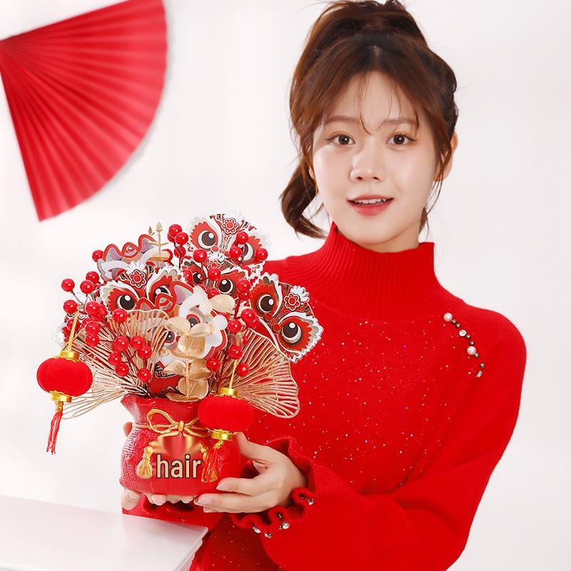 2025 Spring Festival New Year Fortune Bucket: Fu Character Ornament with Artificial Red Fruit and Flowers