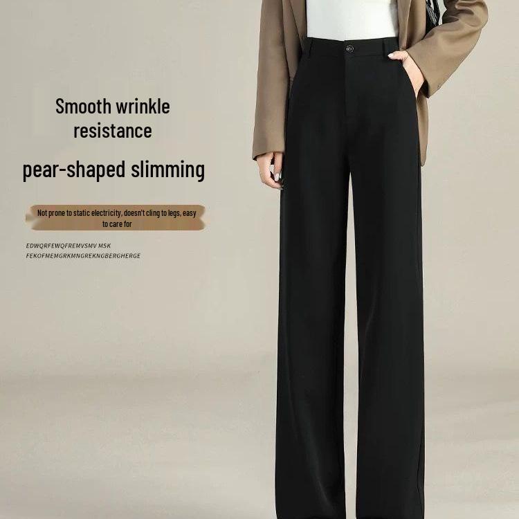 Women's Autumn/Winter 2025 Black Wide-Leg Straight Suit Pants with Fleece Lining