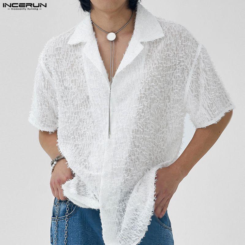INCERUN Oversized Men Lapel Neck Short Sleeve Tassel Texture Casual Loose Shirts