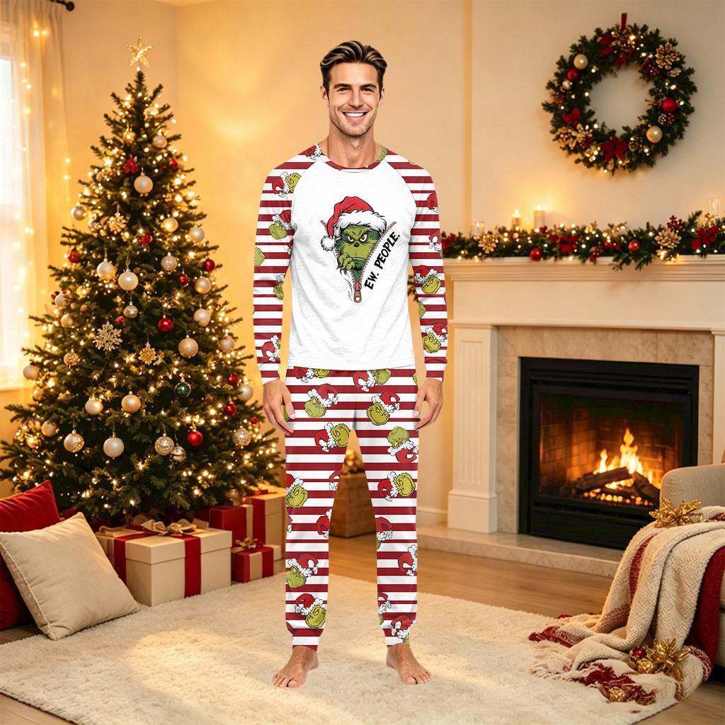 Christmas Character Print Round Neck Matching Parent-Child Pajama Set with Long Sleeves and Pants