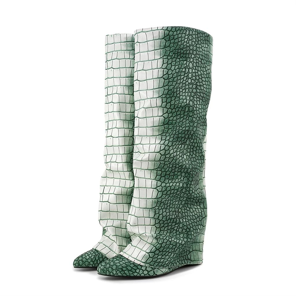 Krokodilmuster Damen High Boots Spitzschuh Leopardenmuster Keilschuhe Retro Schlupf-Muster Ärmel Kniehoch Plissee Stiefel