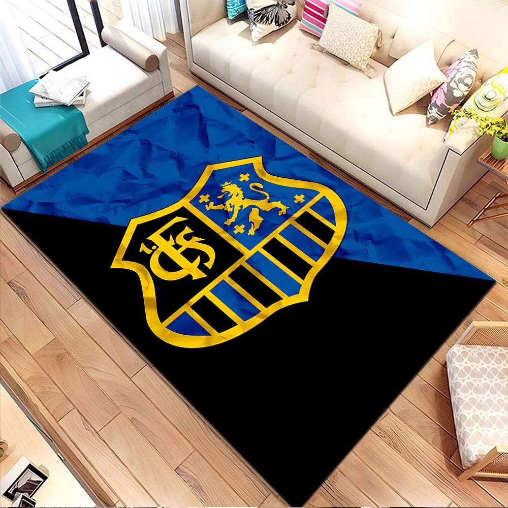 Gold Lion and Letters Emblem on Blue Patterned carpet, non slip mat suitable for living room and bedroom sofas