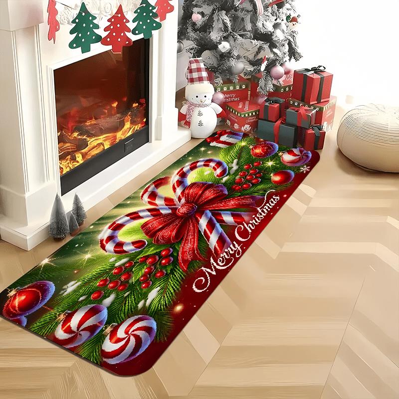 Christmas Candy Cane Kitchen Rug, Indoor Outdoor Flannel Non-Slip Soft Mat for Kitchen Office Bathroom Holiday Home Decor