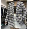 Winter Fashion Double Breasted Women Tweed Blazers And Jackets Blue Formal Plaid Clothes