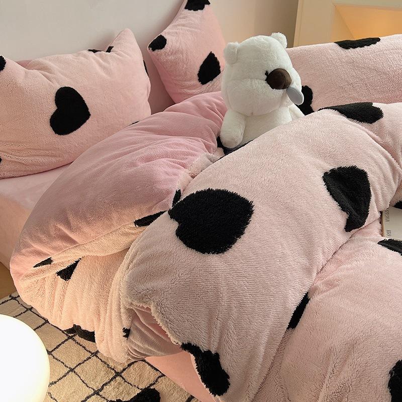 Thickened Milk Fleece Four-Piece Set, Flange Coral Fleece Quilt Cover, Bed Sheet Three-Piece Set