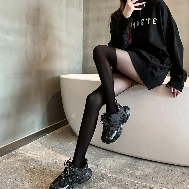 Women's Sexy Patchwork Sheer Black Thigh High Fake Stockings Slim Perfect Legs Tights Stripe Over Knee Pantyhose Female Hosiery
