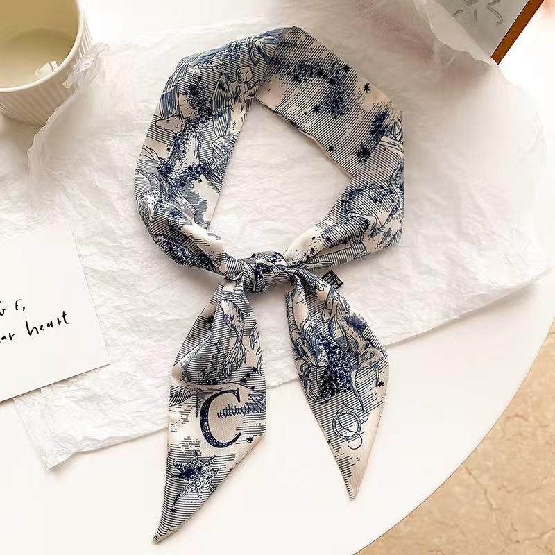 Small White And Tender Green Silk Scarf For Women, Thin Streamer, Headband, Hair Tie, Bag Decoration Long