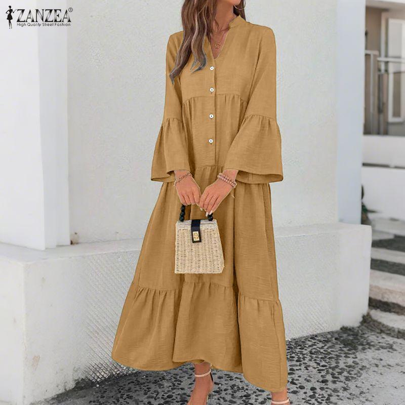 ZANZEA Rochie Casual de Vacanță pentru Femei cu Decolteu în V, Largă, cu Mâneci Lungi Cloș