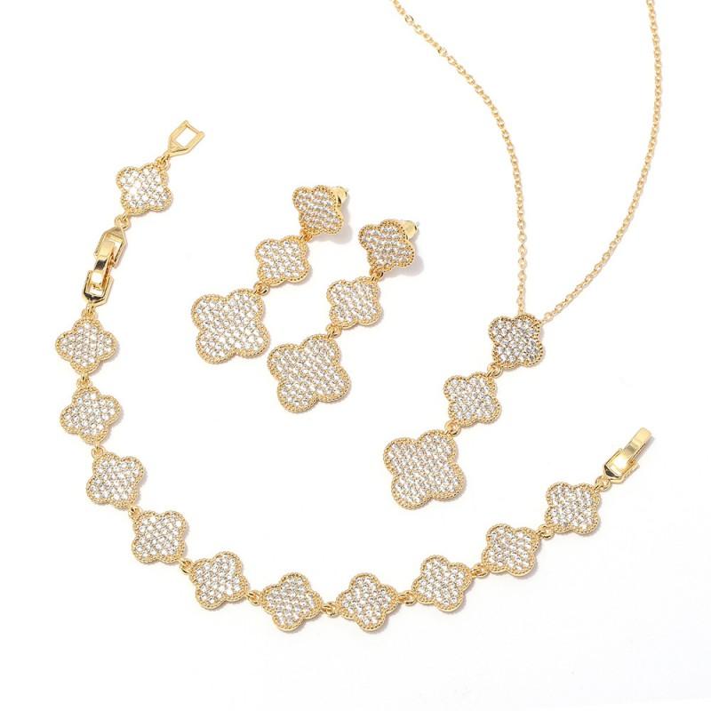 Elegant Long Clover Necklace Earring Bracelet Set With Full CZ Zircon Stones Sterling Plated
