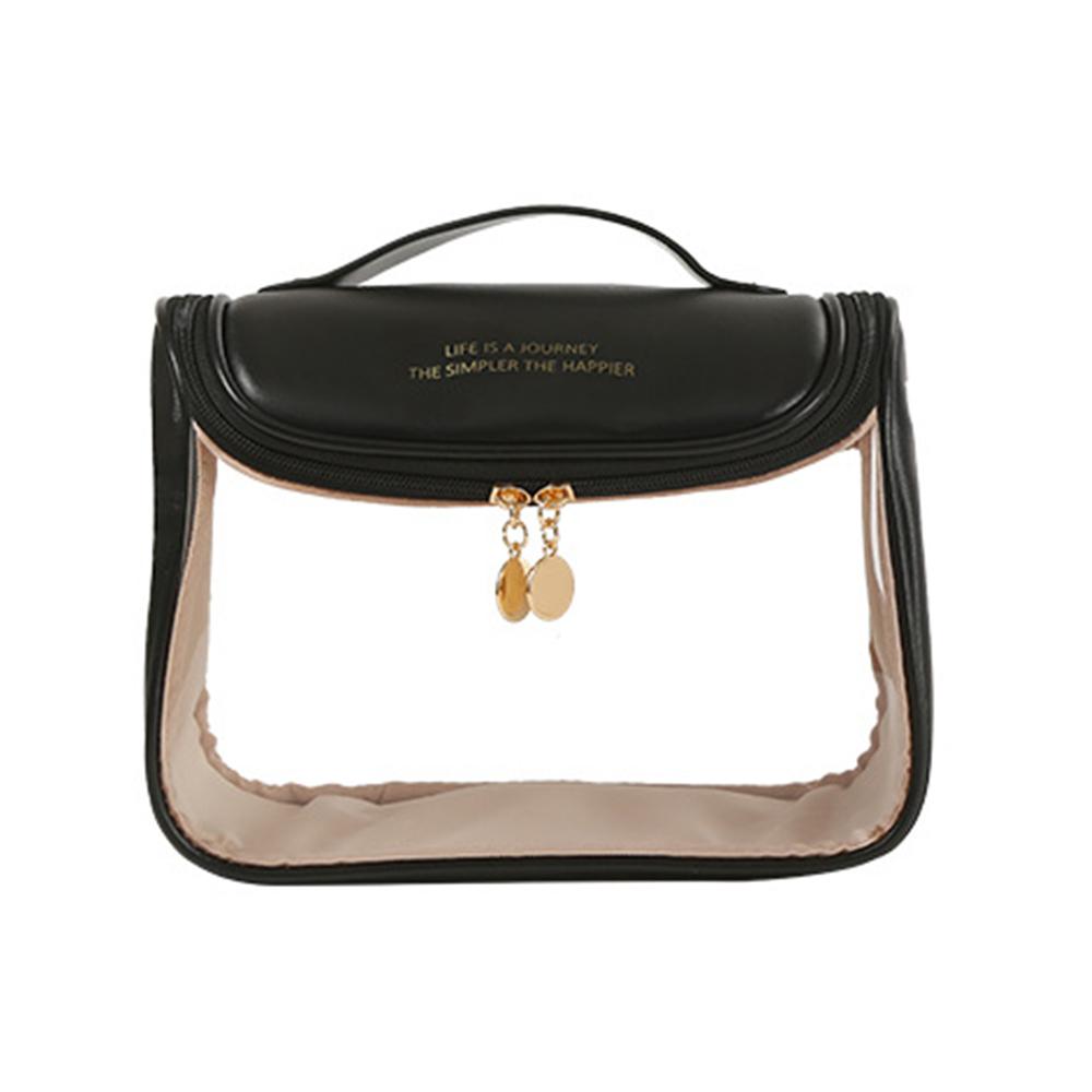 HK8297 Waterproof Clear Design Makeup Bag Large Capacity Cosmetic Bag PU Leather+PVC Travel Toiletry Organizer with Portable Handle Strap