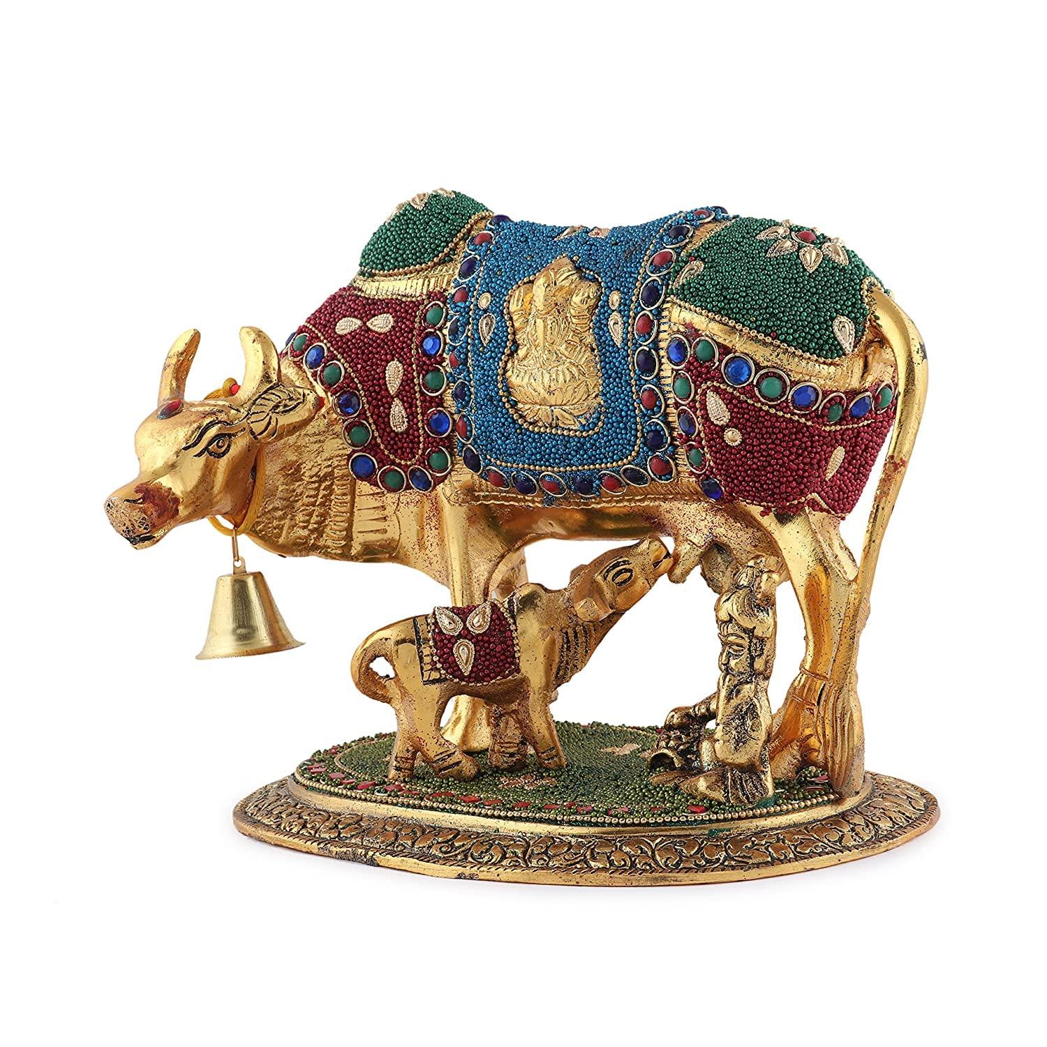 Handcrafted Brass Golden Kamdhenu Cow With Calf, Vastu Gau Mata Idol, Gold Brass