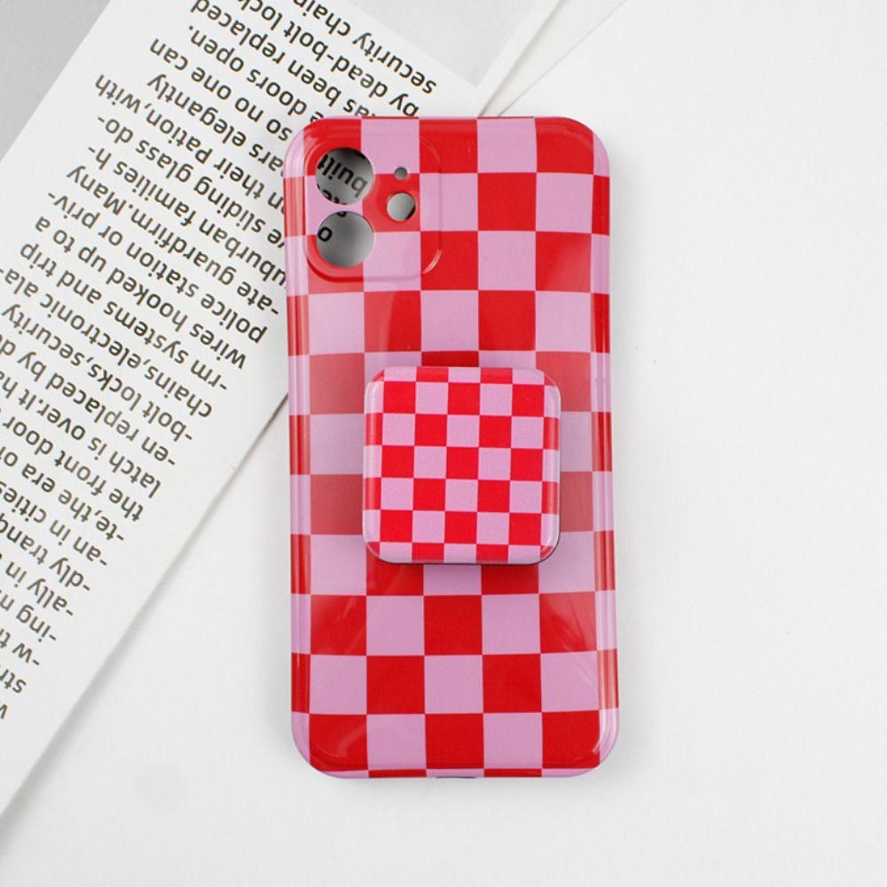 Finger Grip Women Girls Personalized Plaid Mirror Cosmetic Mirror Phone Stand Holder Makeup Mirror