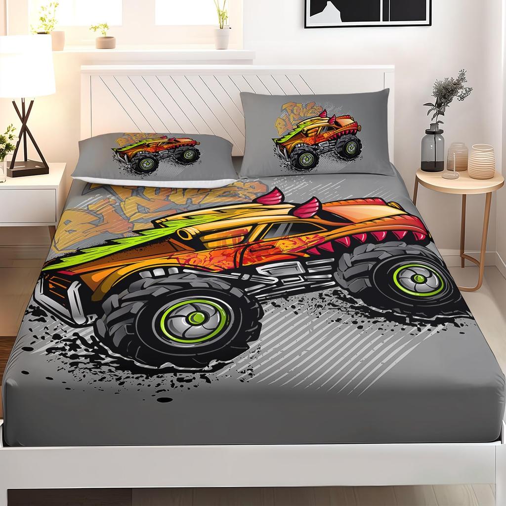 Cartoon Truck Fitted Sheet Set, Monster Truck Kids Bed Sheet Set for Room Decor for Boys Teens,1 Fitted Sheet and 1/2Pillowcase