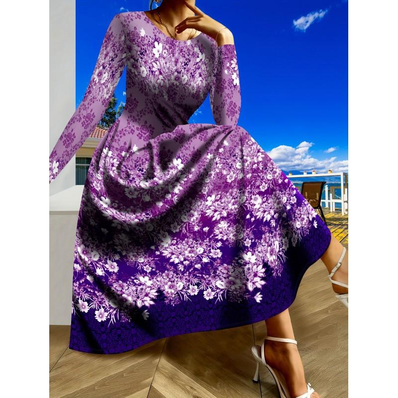 Womens Purple Floral Print Long Sleeve Maxi Dress - Elegant Party In Milk Silk Fabric