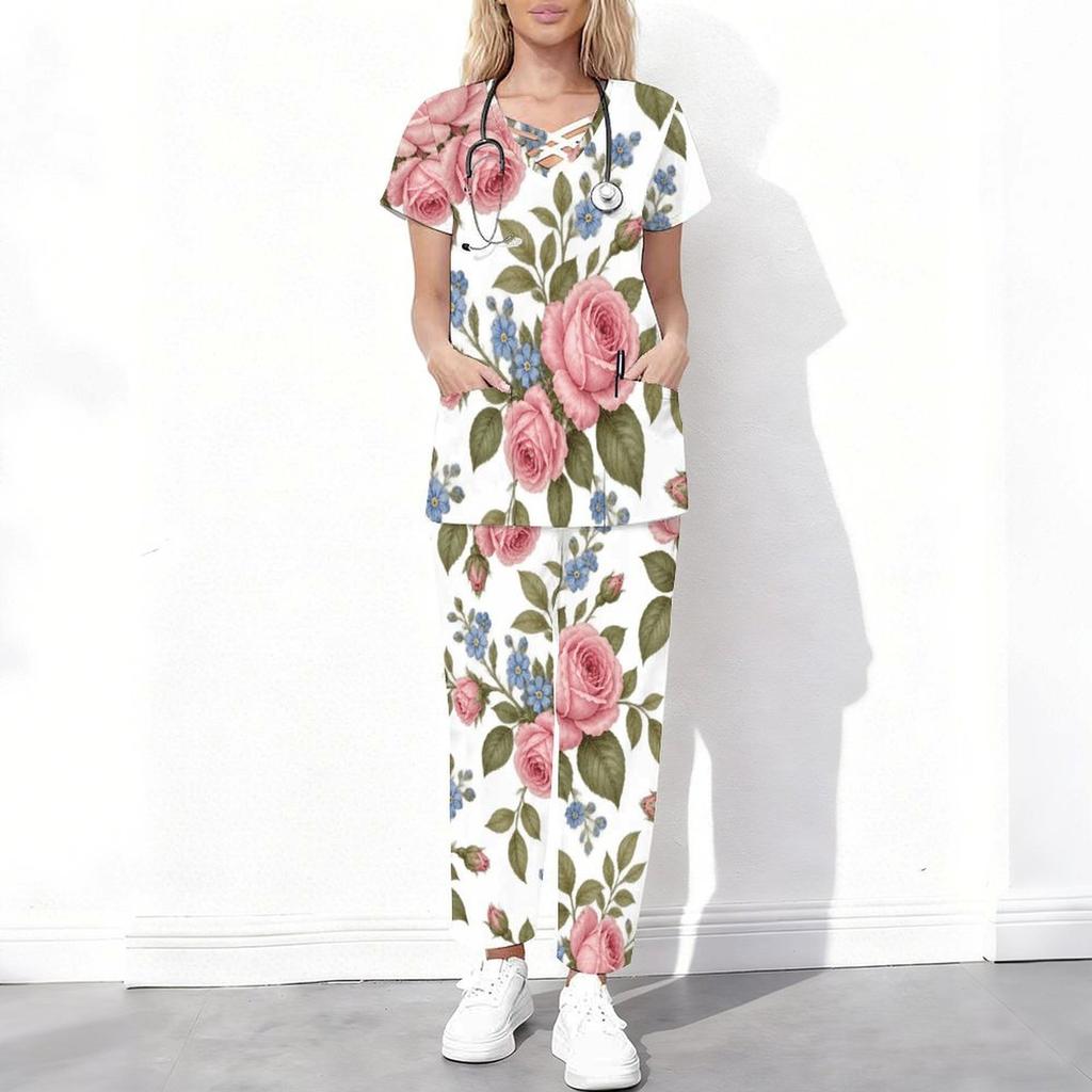 Women Plus Size Floral Printed Scrub Set Cutout Neck Short Sleeve Pocket Top Long Pants Two Piece