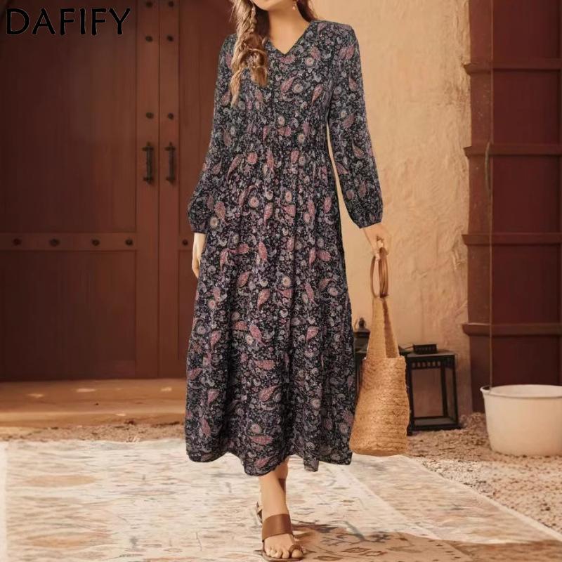 DAFIFY Dámská móda Jaro Podzim Jednobarevný potisk Neformální šaty s dlouhým rukávem a výstřihem do V s vysokým pasem