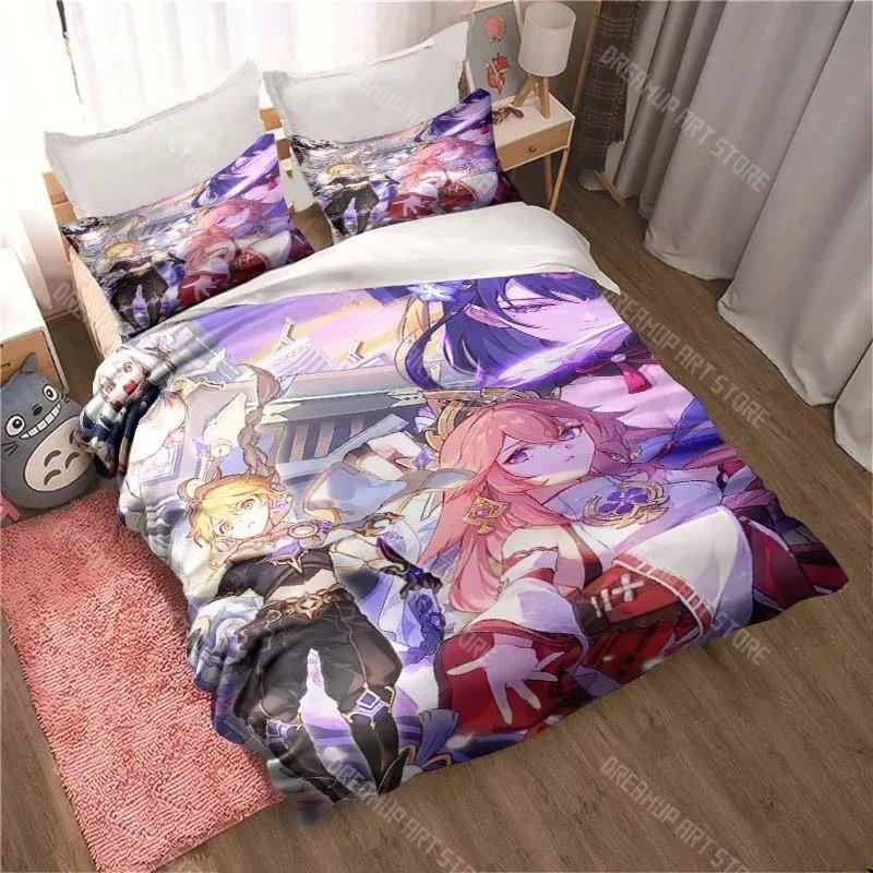 3D Genshin Impact Game Anime Quilt Cover Bed Quilt Cover Double King Bed Quilt Cover Home Textiles Boys Adults