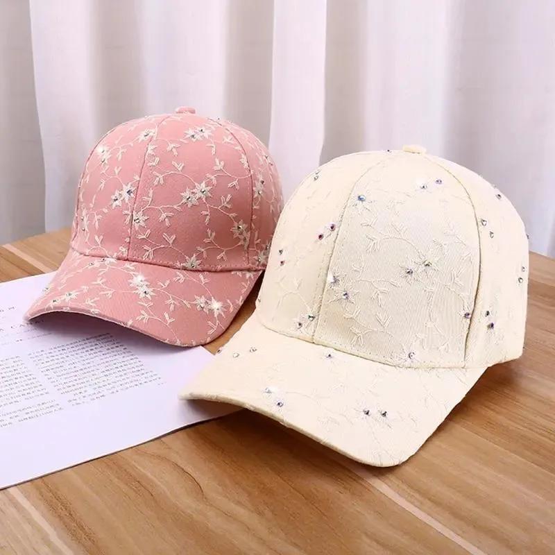 Spring Summer Rhinestone Embroidered Flower Baseball Cap Korean Fashion Uv Sun Hat Casual Stylish
