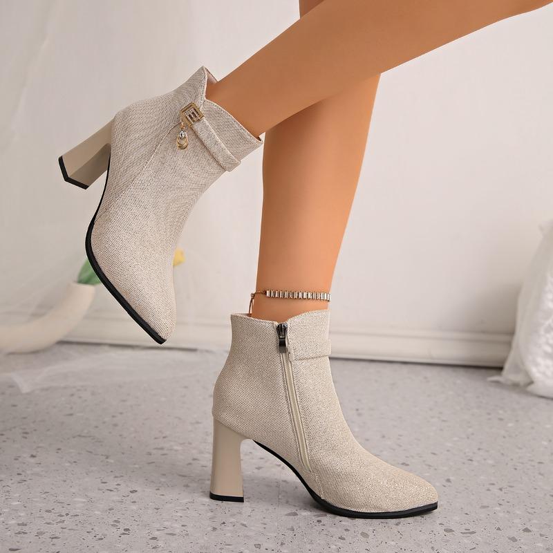Pointed Toe Versatile Skinny Cloth Top Block Heel Booties Fashion Metal Buckle Side Zipper Non-Slip High Heels
