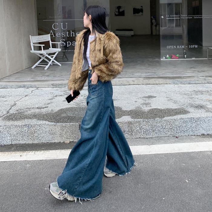 

Women s Retro Frayed Wide-Leg Jeans, Waist-Slimming, Stylish Pockets, Unique Hong Kong Style, Trendy Skirt-Pants Design. Extra Large