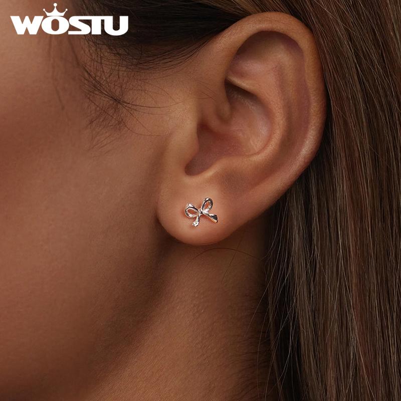 WOSTU 925 Sterling Shiny Zircon Bowknot Stud Earrings For Women Simple Bow-knot Ear Buckle Euro Korean Student Girl Party Gift