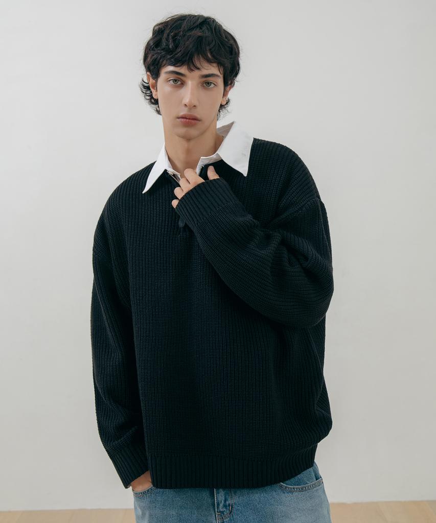 NEWAUBE Half-Zip Round Knit Black