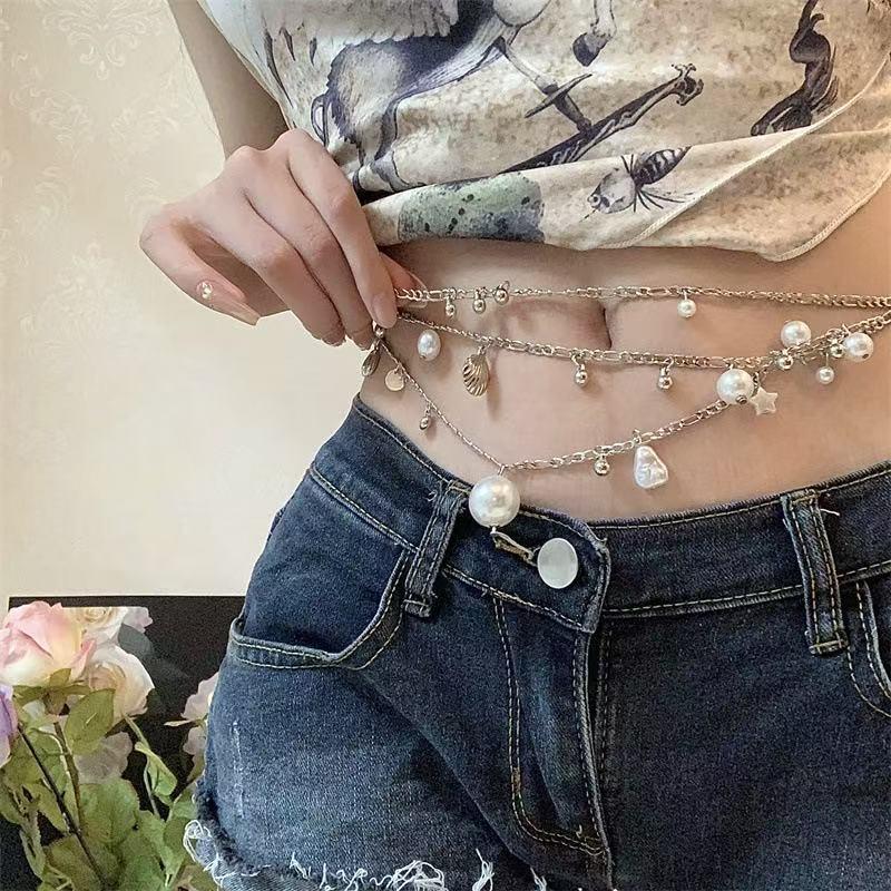 Fashion Y2K Retro Multilayer Pearl Waist Chain Belt For Women - Stylish Body Jewelry Accessories For Party & Casual Wear