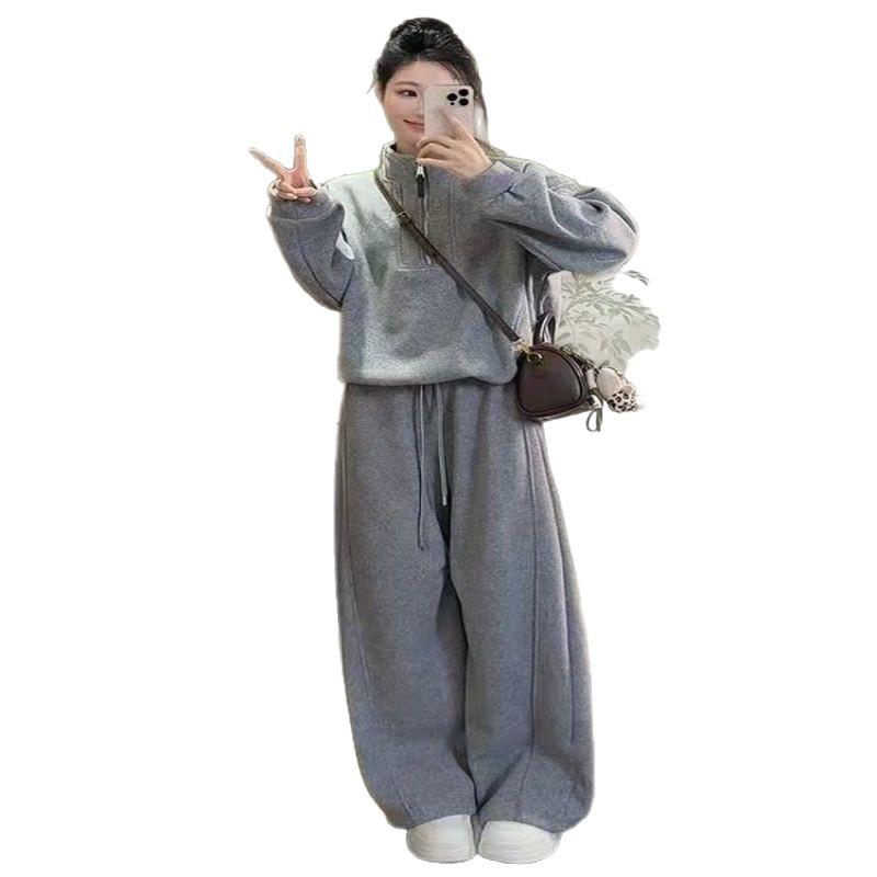 Lässiger Damen-Trainingsanzug mit Fleece-Futter: Kapuzenpullover mit halbem Reißverschluss & Weit geschnittene Hosen im Set für Herbst/Winter
