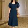ZANZEA Women Casual Square Collar Summer Short Sleeve Pleated Dress