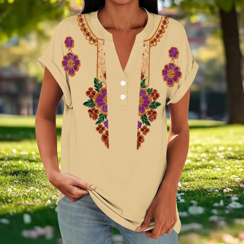Women's Floral Print Short Sleeve V-Neck T-Shirt – Casual Loose Fit with Buttons
