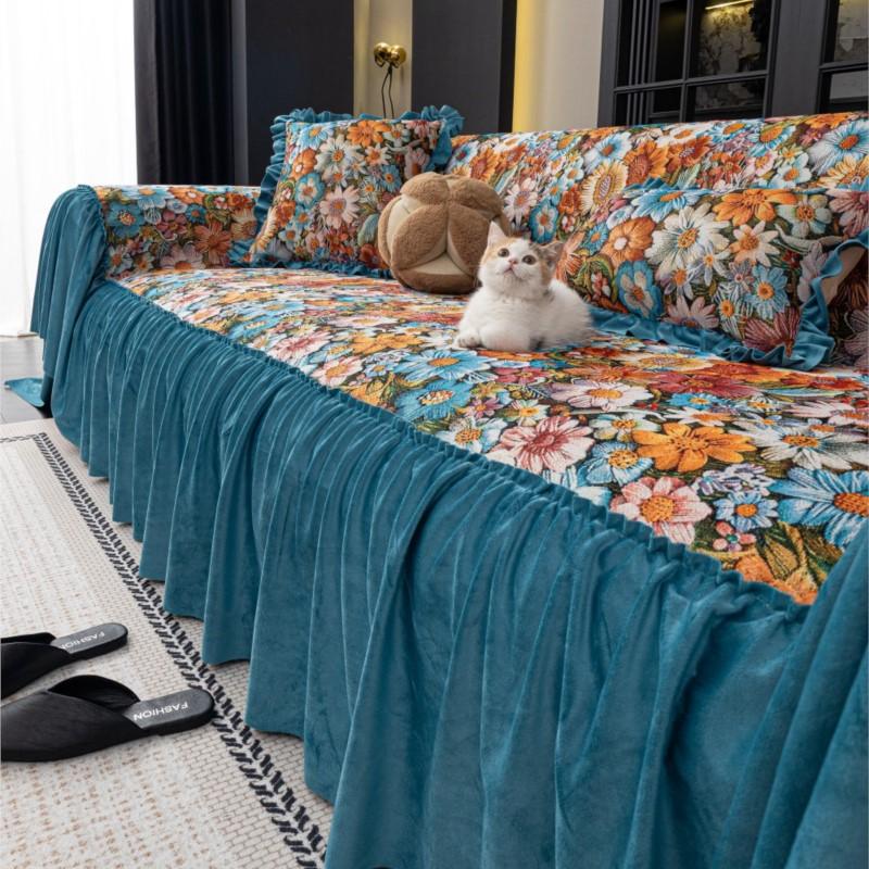 French Ruffled Edge Mat Aesthetic Anti-Slip Cooling Flower Printed Couch Cushion Mats Autumn Universal Chenille Sofa Cover