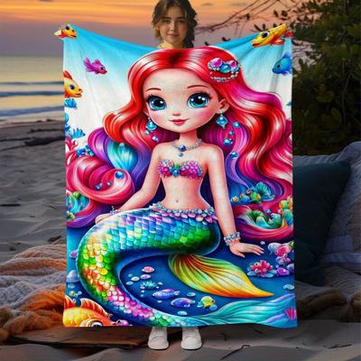 1pc Mermaids Cute Cartoon HD Print Thin Blanket-Lightweight Flannel Throw for RV, Travel, Camping.Sofa, Livingroom, Couch, Chair