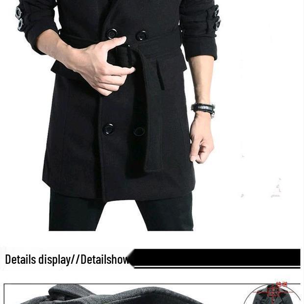 Korean Style Men's Slim Fit Wool Trench Coat - Autumn/Winter Mid-Length Cape Outerwear