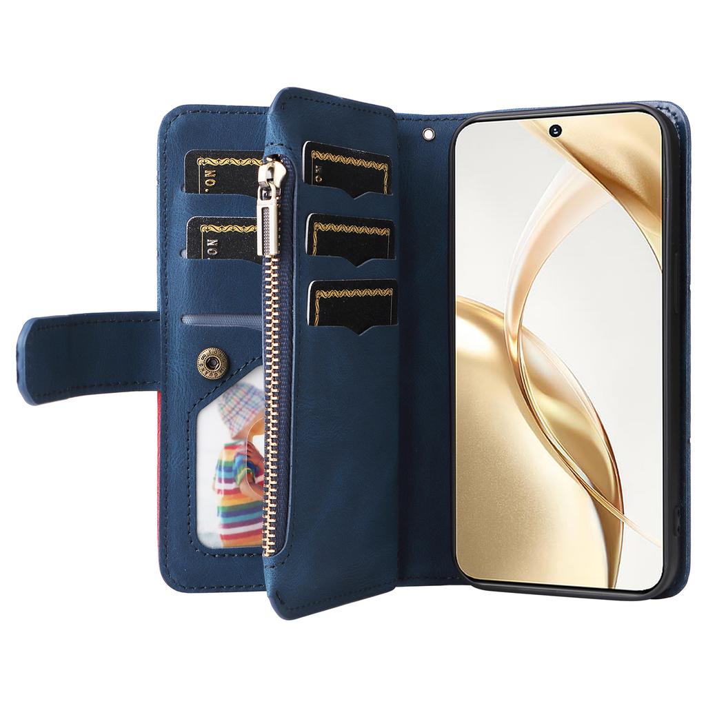 Für Honor 200 5G Lederhülle mit Riemen Reißverschluss 9 Kartenfächer Handyhülle Ständer