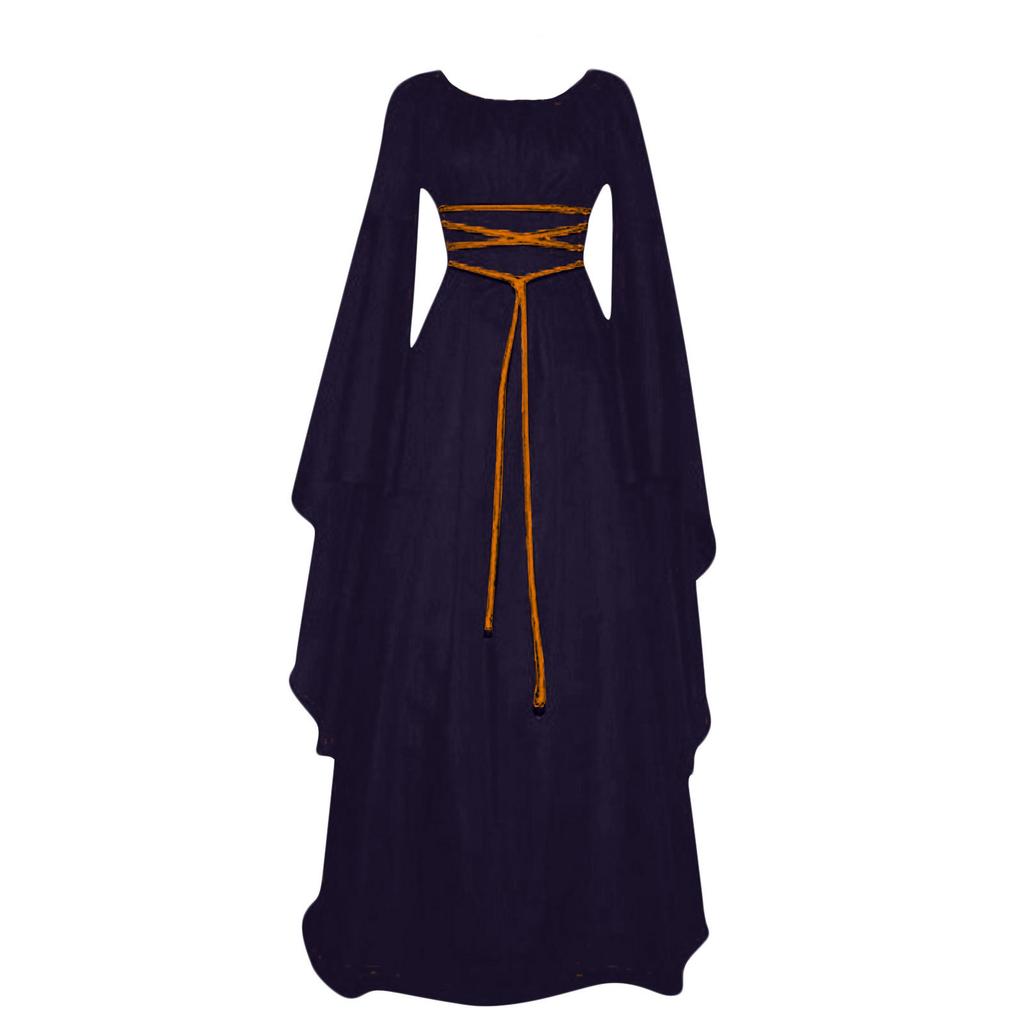 Dámský halloweenský kostým s dlouhým rukávem, kulatým výstřihem, šněrováním v pase, nepravidelné šaty, středověké retro elegantní večerní šaty
