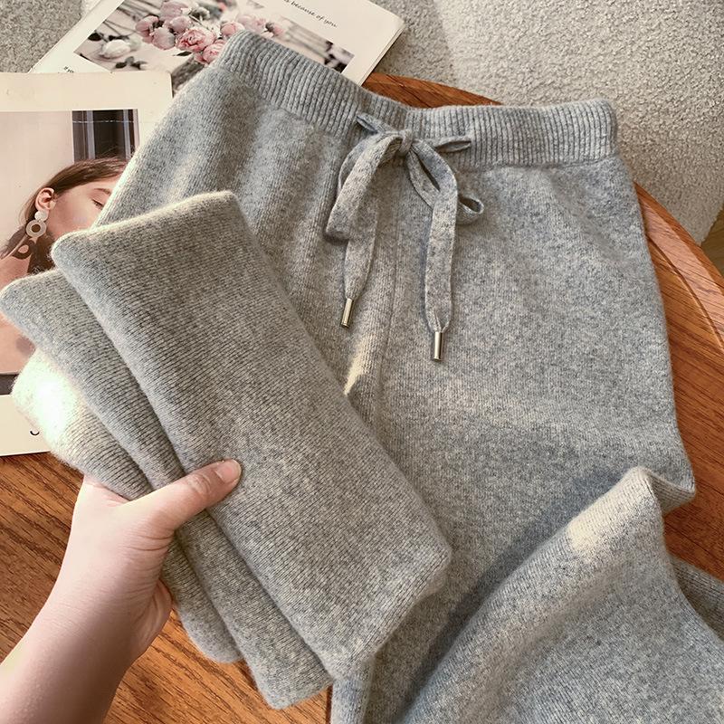 Australian First Shear Wool High-Waist Wide-Leg Women's Pants - Soft & Casual for Autumn and Winter.